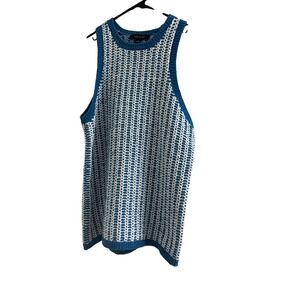 Ann Taylor Sleeveless Knit Sweater Tank Blue White Geometric Pattern Size Medium